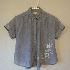 Madewell Striped Short Sleeve Blouse with Floral Embroidery